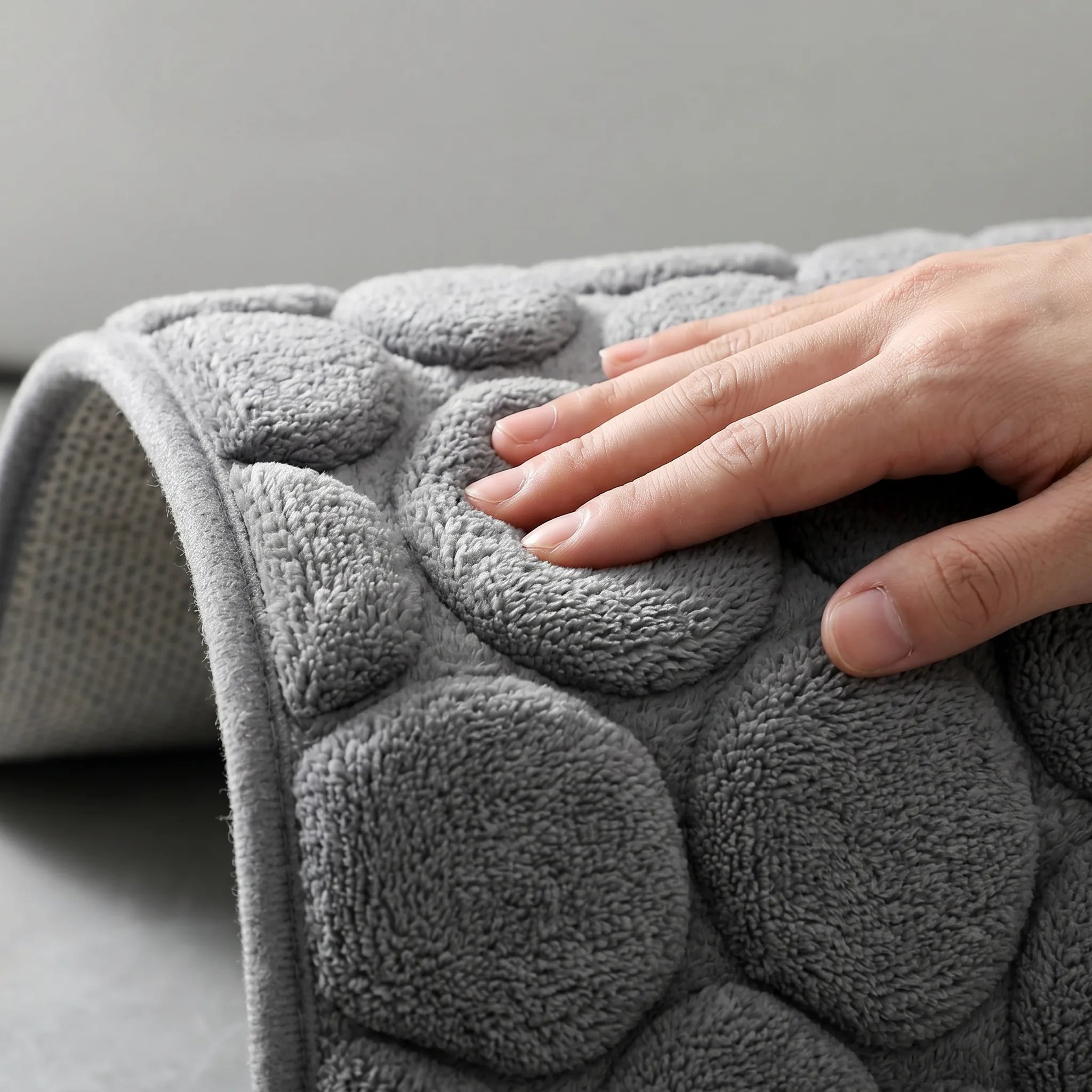 Main touchant la texture moelleuse en relief galets d'un tapis de bain gris, illustrant les différentes matières de tapis de bain