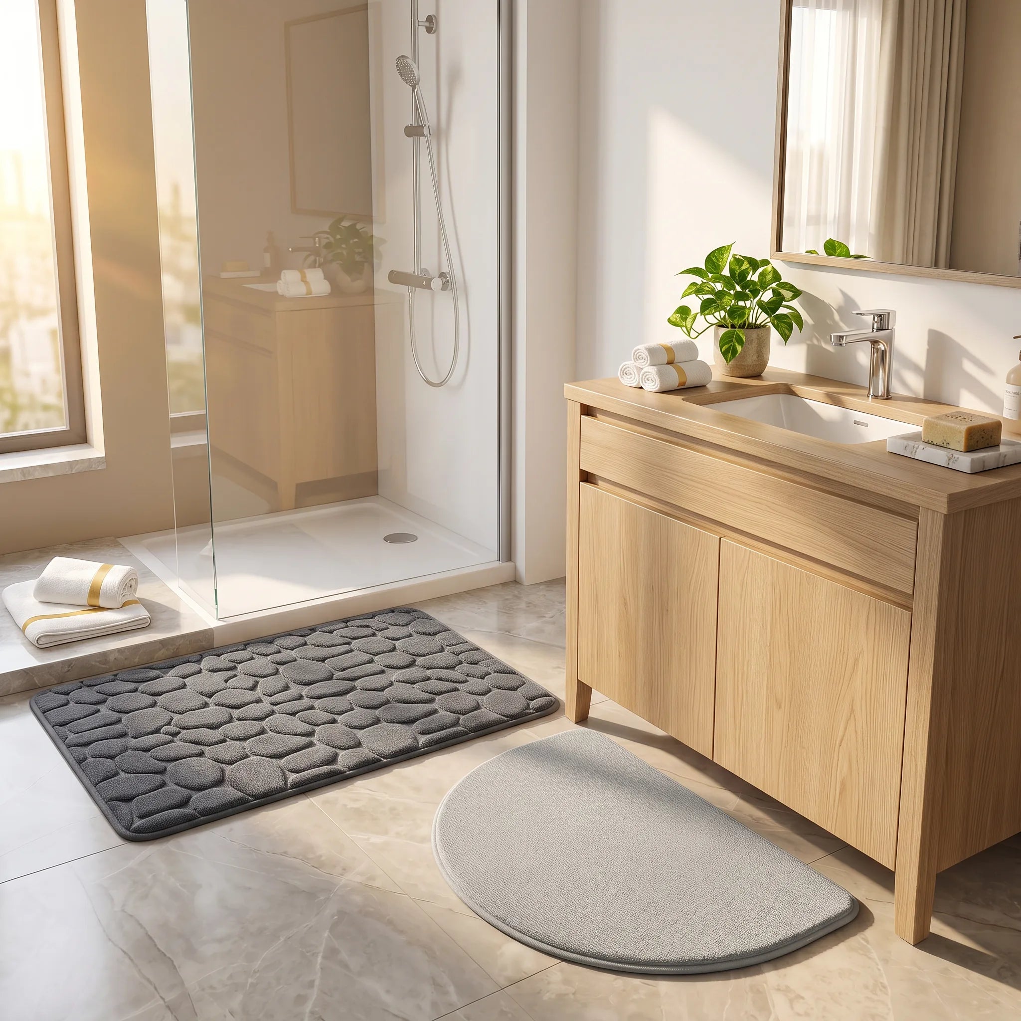 Grand tapis de bain antidérapant gris devant la douche et tapis demi-cercle gris clair devant le lavabo dans une salle de bain lumineuse.
