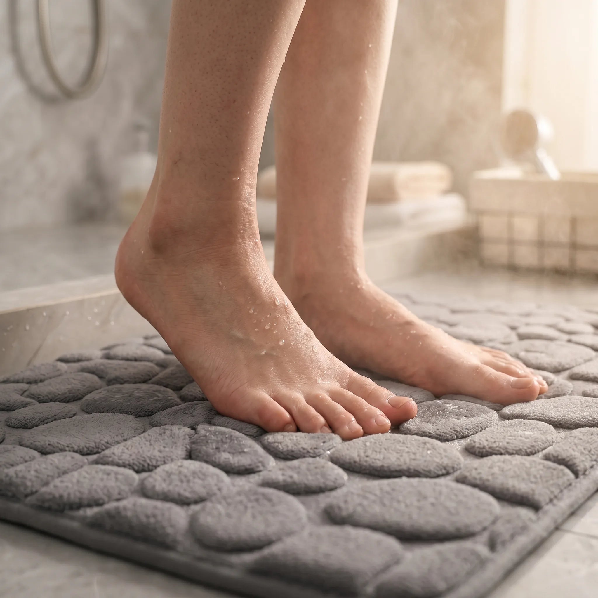 Pieds nus posés sur un grand tapis de bain antidérapant gris moelleux à relief galets, à la sortie de la douche.