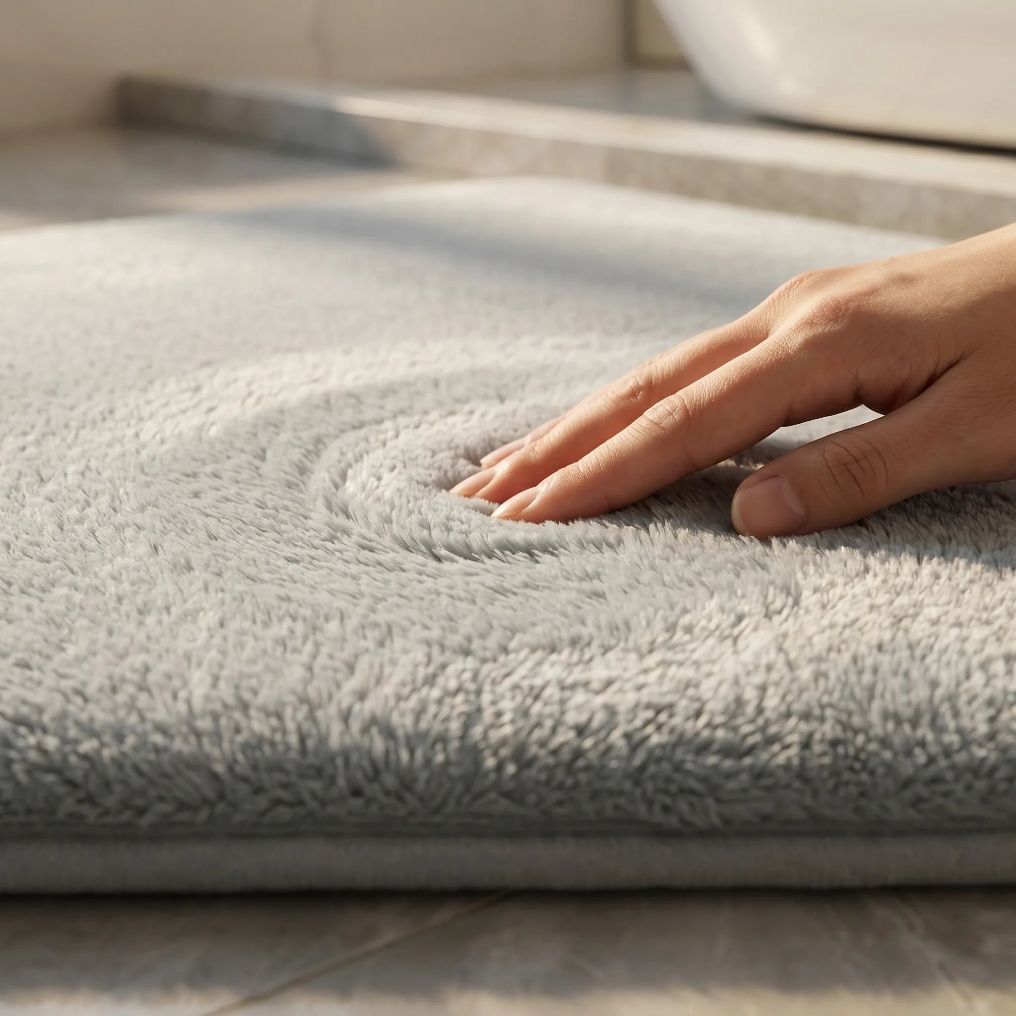 Gros plan sur la texture lisse et moelleuse du tapis de bain demi-cercle gris clair.