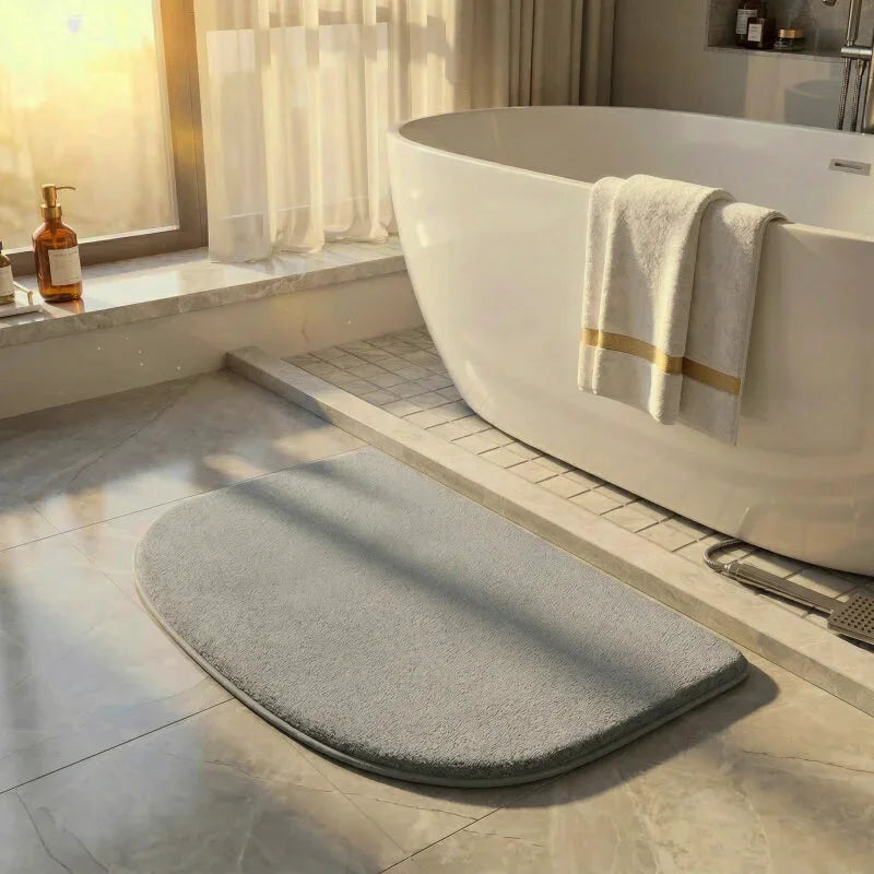 Tapis demi cercle salle de bain absorbant et antidérapant, séchage rapide, parfait pour sortie de douche confortable et sécurisée.
