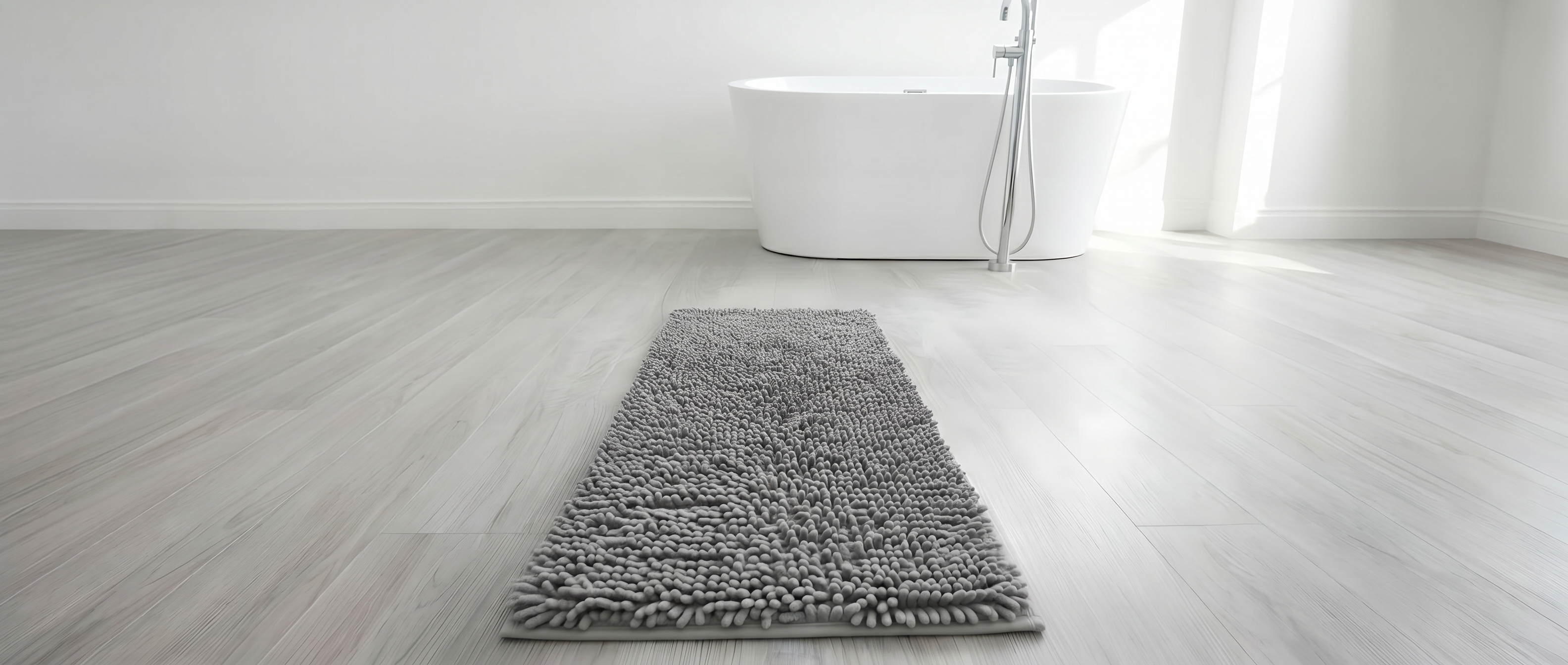 Tapis de bain gris chenille posé au sol dans une salle de bain épurée avec baignoire îlot blanche