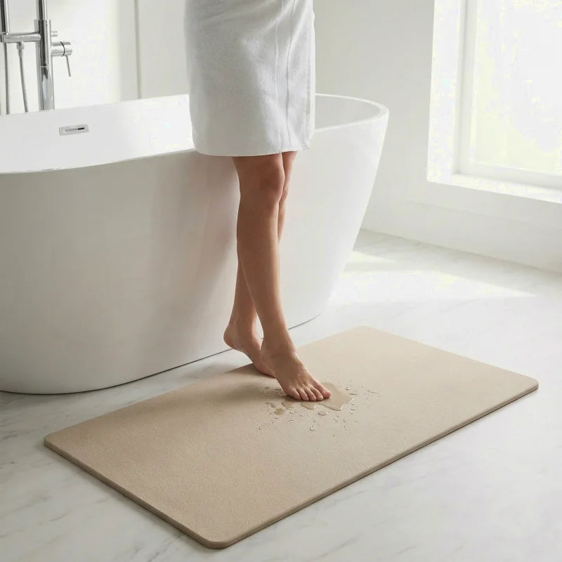 Tapis de bain absorbant eau ultra efficace, idéal pour salle de bain, séchage rapide et confort quotidien antidérapant.
