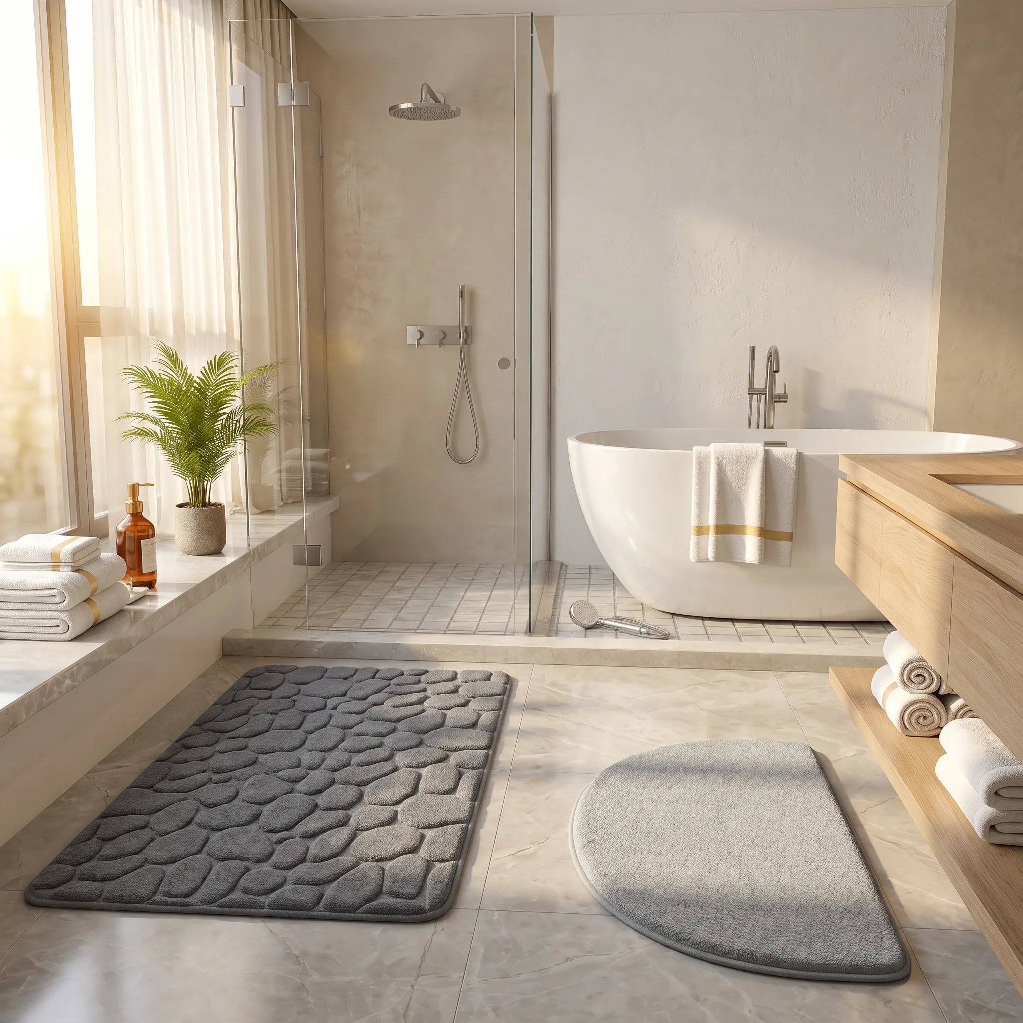 Duo de tapis de bain antidérapant grande taille gris devant la douche et tapis demi-cercle gris clair devant le lavabo, salle de bain style spa.