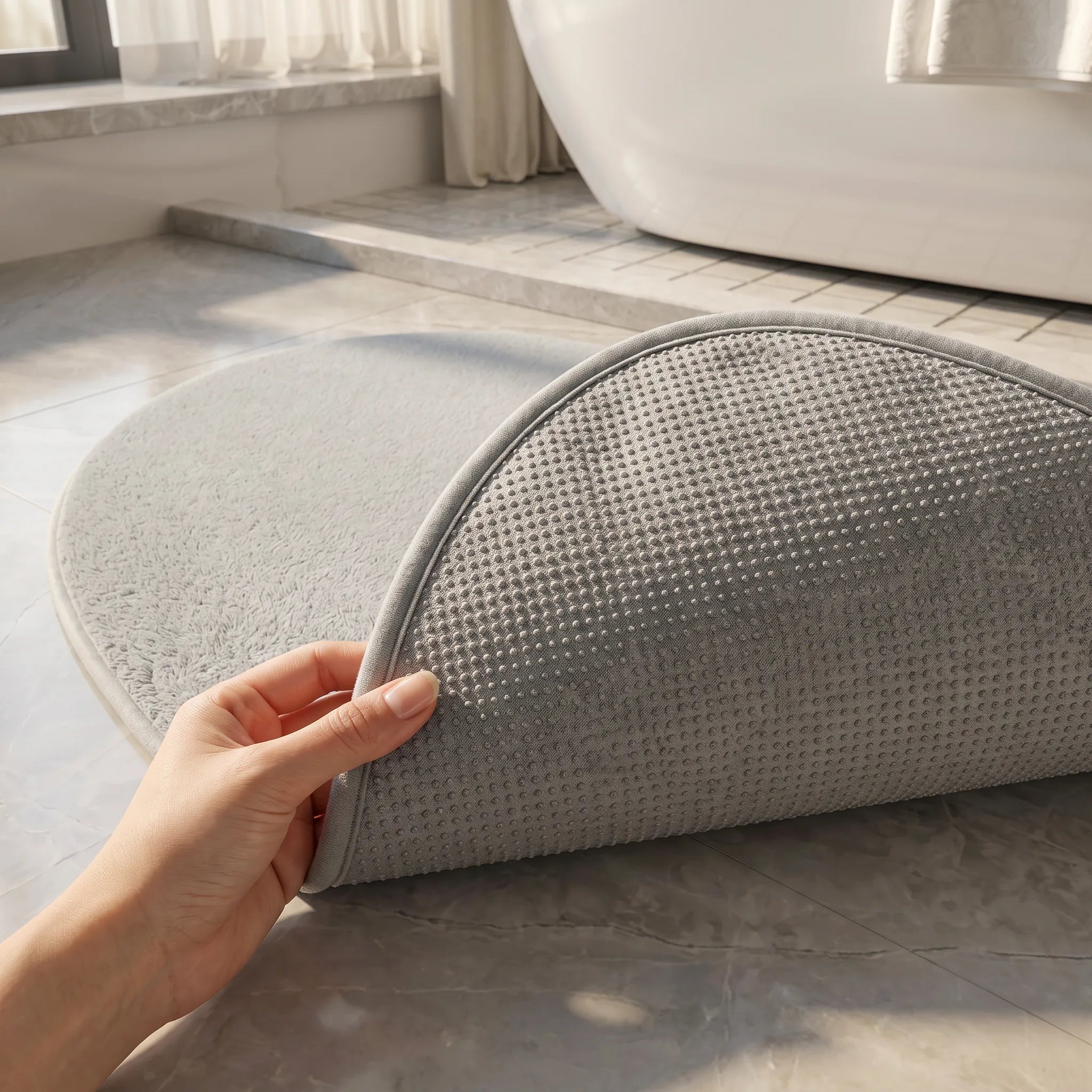 Dessous du tapis de bain demi-cercle gris clair montrant les points d'accroche antidérapants qui l'empêchent de glisser.