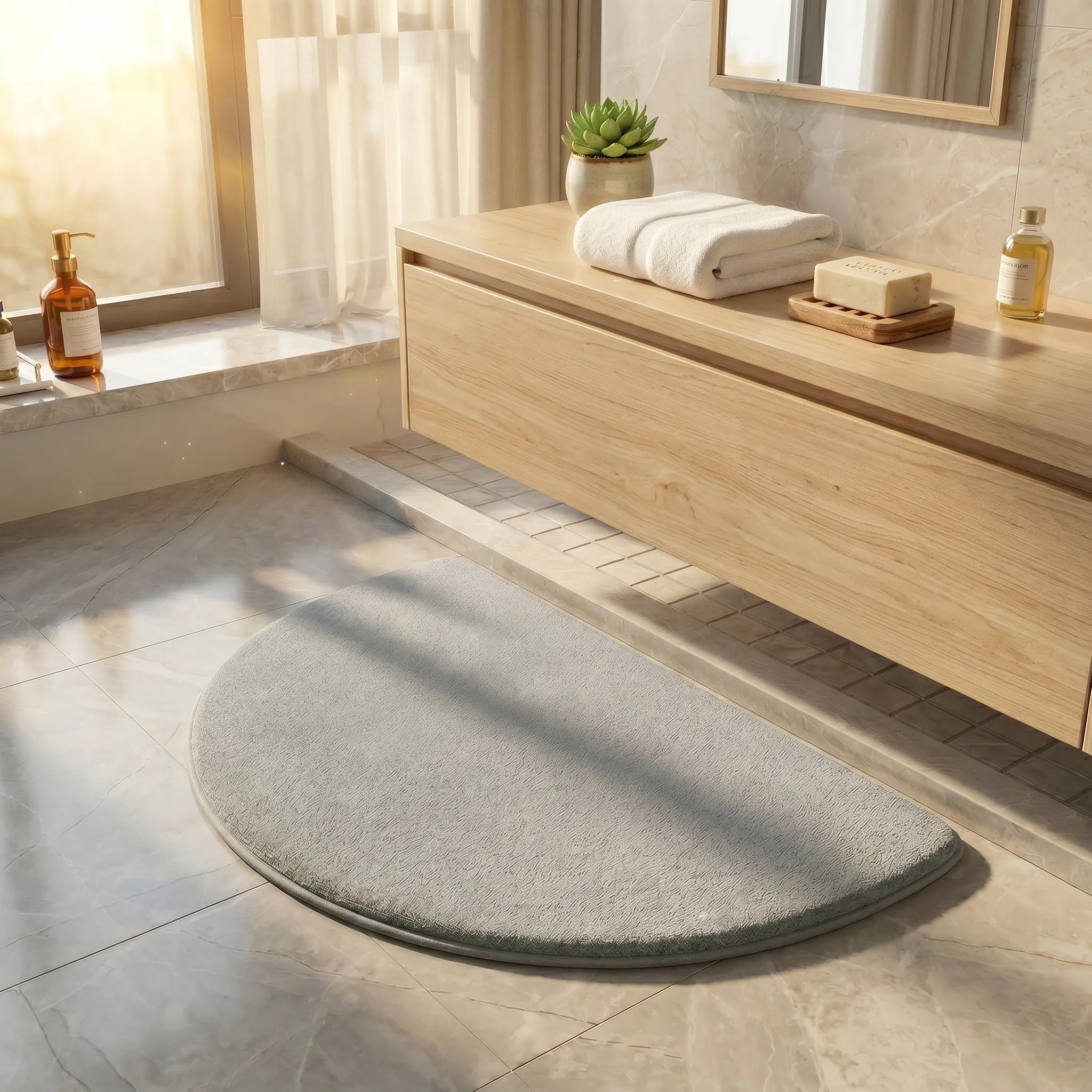 Tapis de bain demi-cercle gris clair posé devant un meuble lavabo en bois clair, salle de bain style spa.