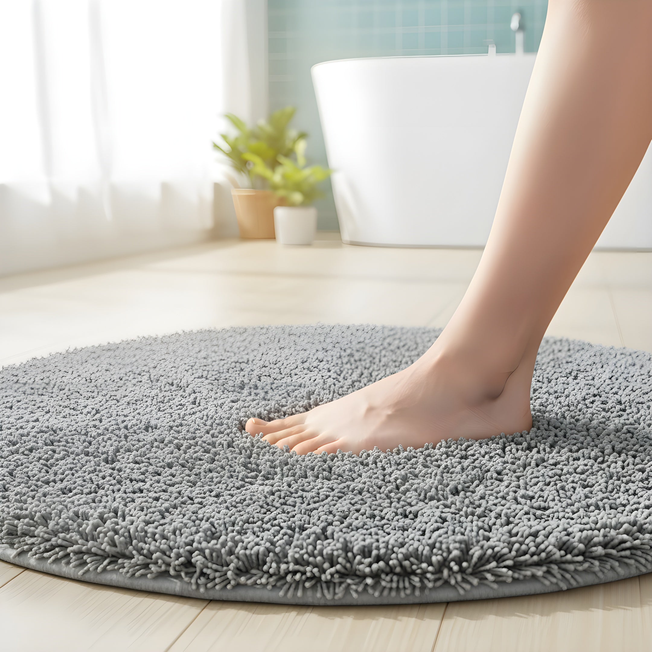 Tapis rond salle de bain velours absorbant et antidérapant, toucher doux, séchage rapide, idéal pour un espace bain élégant et confortable.
